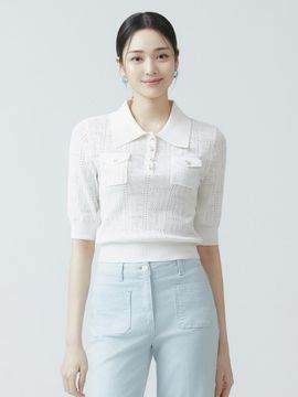 IT MICHAA Collar Eyelet Cropped Knit Sweater