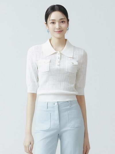 IT MICHAA Collar Eyelet Cropped Knit Sweater