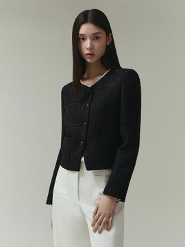 IT MICHAA Collarless Tweed Cropped Slim Fit Jacket