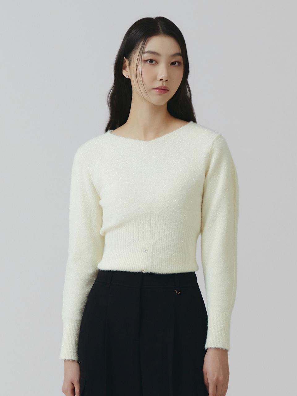IT MICHAA Glitter Hairy V-neck Button Detail Knit Pullover
