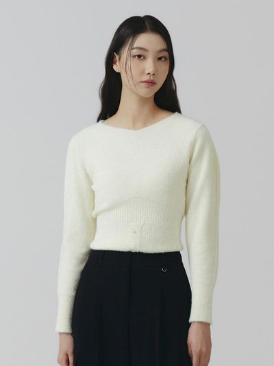 IT MICHAA Glitter Hairy V-neck Button Detail Knit Pullover