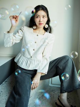 IT MICHAA Square Neck Jacquard Peplum Jacket [LIGHT BEIGE]