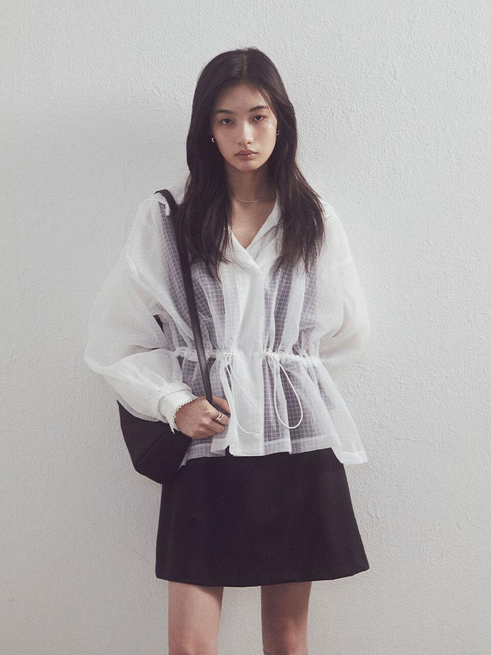 ITER Flare Hooded Sheer Check Windbreaker Jacket [Beige]