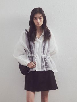ITER Flare Hooded Sheer Check Windbreaker Jacket [Beige]