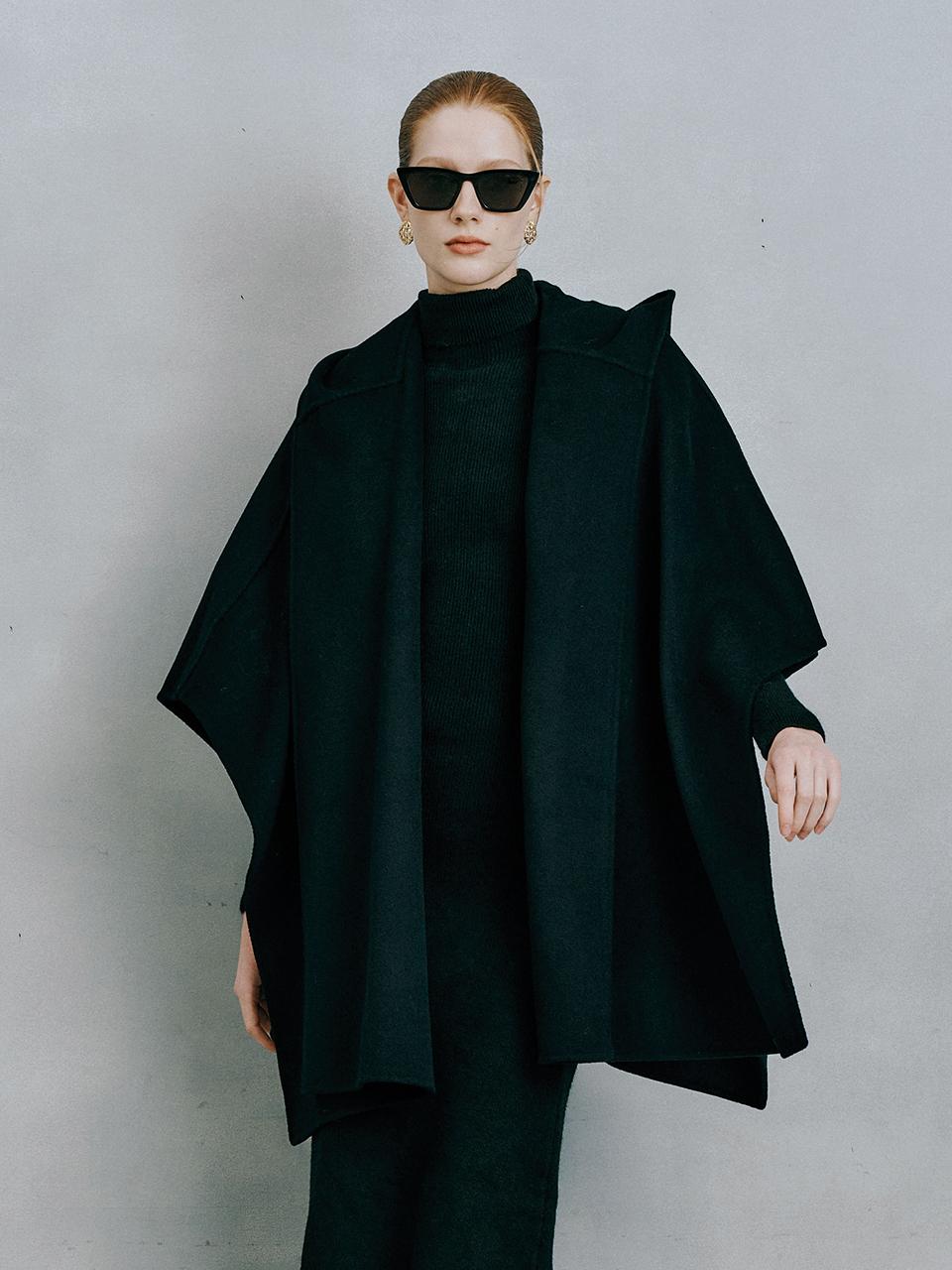 itte IT_Black mid length cape coat