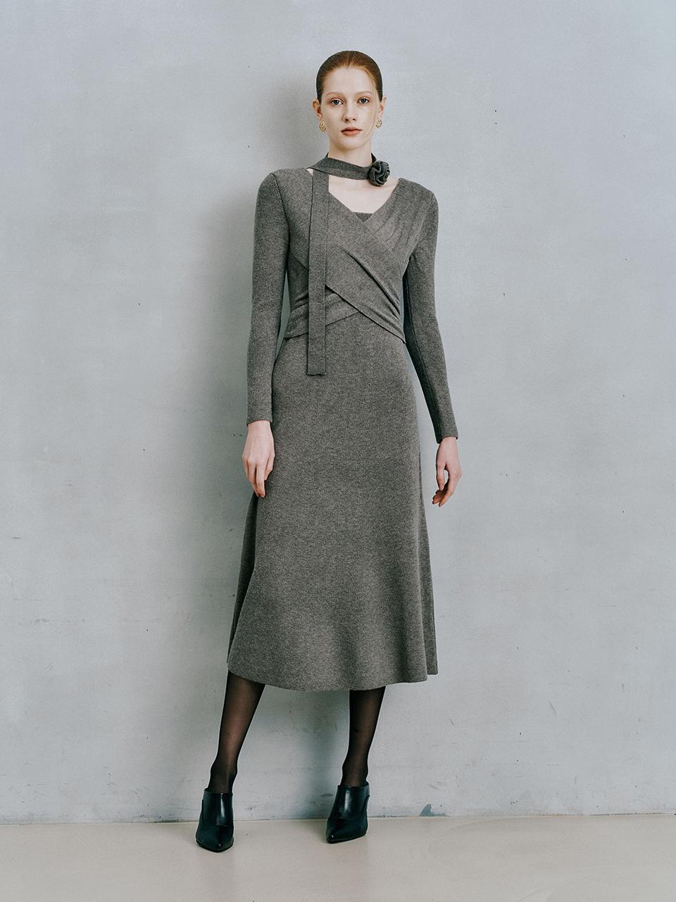 itte IT_V-neck cross scarf knit dress_2color