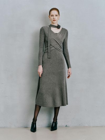 itte IT_V-neck cross scarf knit dress_2color