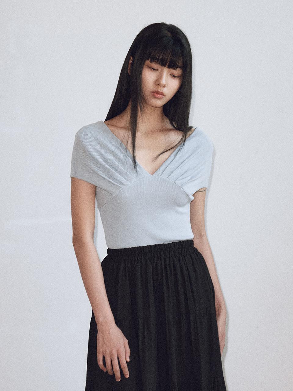 itte IT_V-neck knitted half-sleeved top_BLUE