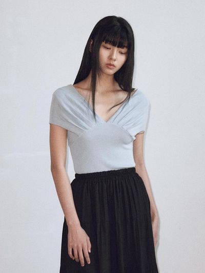 itte IT_V-neck knitted half-sleeved top_BLUE