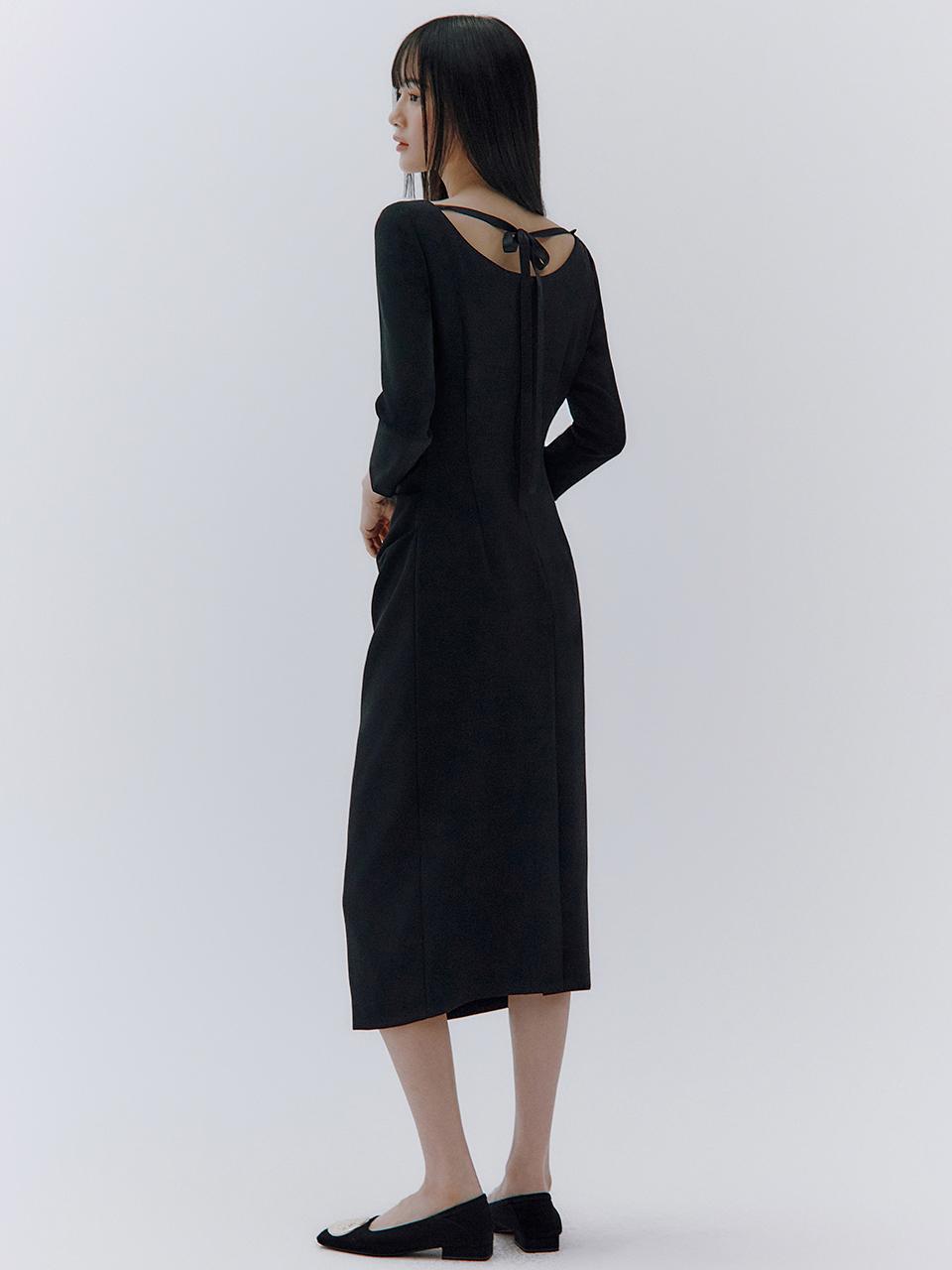 IvanaHelsinki Boat Neck Satin Ribbon Drape Dress