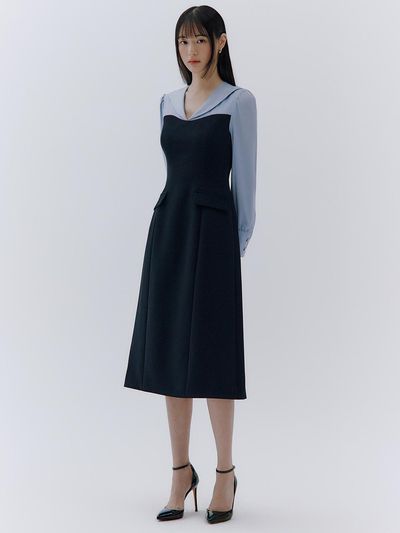 IvanaHelsinki Heart Neckline Puff Sleeve Block Dress
