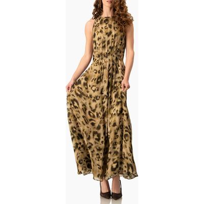 IVONNE IVONNE Abstract Animal Print Chiffon, Sleeveless Cinched-Waist A-Line Maxi Dress