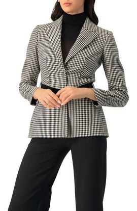 IVONNE IVONNE Belted Checkered Blazer with Pockets