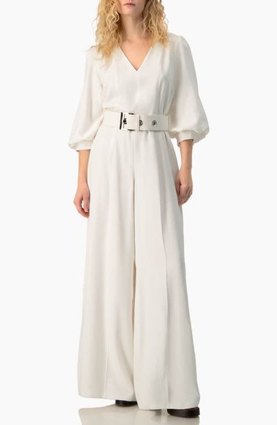 IVONNE IVONNE Belted V-Neck Balloon-Sleeve Wide-Leg Jumpsuit