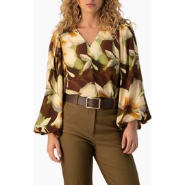 IVONNE IVONNE Botanical Floral Print Relaxed V-Neck Puff-Sleeve Blouse