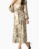 IVONNE IVONNE Botanical Print Satin, Long Sleeve Belted Keyhole Midi Dress - 3