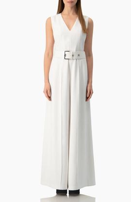 IVONNE IVONNE Clean V-Neck Buckle-Belt Wide-Leg Tailored Jumpsuit