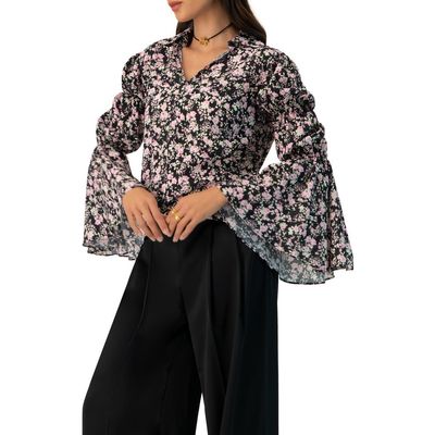 IVONNE IVONNE Collared Long Sleeve Floral Print Blouse