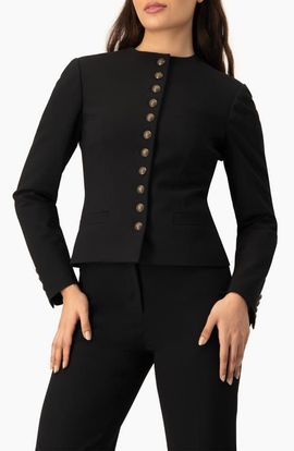 IVONNE IVONNE Collarless Tailored Blazer with Golden Crest Buttons