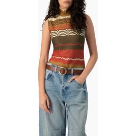 IVONNE IVONNE Colorblock Zigzag Knit Mock-Neck Sleeveless Fitted Top