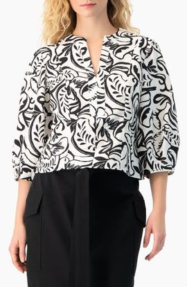 IVONNE IVONNE Graphic Brushstroke Floral Woven V-Neck Blouse