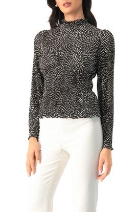 IVONNE IVONNE Long Sleeve Polka Dot Pleated Blouse