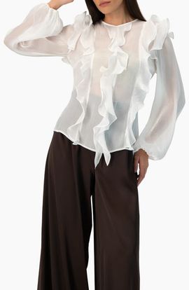 IVONNE IVONNE Long Sleeve Sheer Blouse with Ruffle Detail