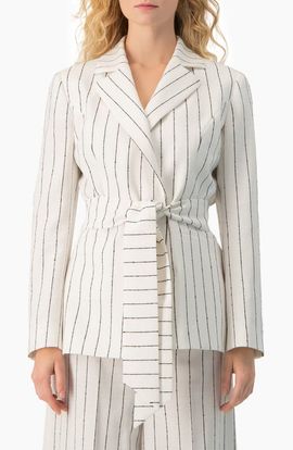 IVONNE IVONNE Pinstripe Self-Tie Belted Wrap Tailored Blazer