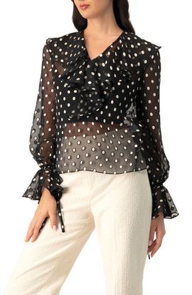 IVONNE IVONNE See-Through Polka Dot V-Neck Blouse