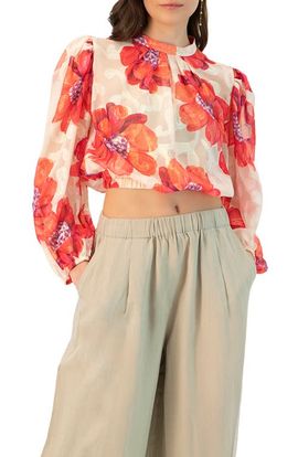IVONNE IVONNE Shimmering Printed Blouse with Pleated Round Neck