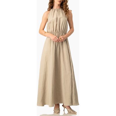 IVONNE IVONNE Sleeveless Crinkle Halter Maxi Dress with Cinched Waist A-Line