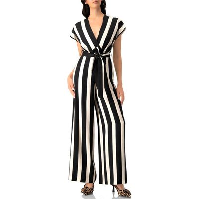 IVONNE IVONNE Striped V-Neck Jumpsuit with Waist Tie