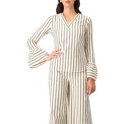 IVONNE IVONNE Striped V-Neck Oversized Shirt