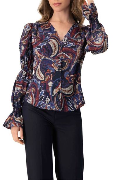 IVONNE IVONNE V-Neck Printed Shirt With Smocked Sleeves
