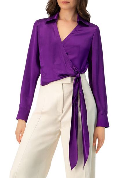 IVONNE IVONNE Wrap Satin Blouse with Tie Detail