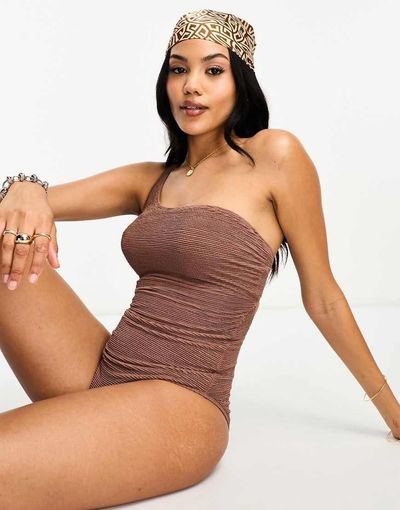 Ivory Rose Ivory Rose Fuller Bust crinkle one shoulder swimsuit in brown