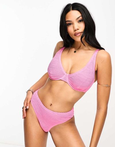 Ivory Rose Ivory Rose Fuller Bust crinkle scoop front high apex bikini top in bright pink