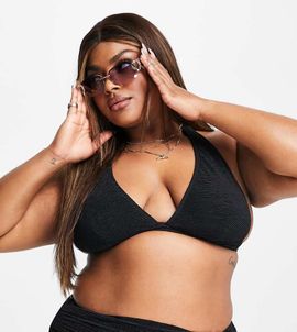 Ivory Rose Ivory Rose Plus halter bikini top in black crinkle