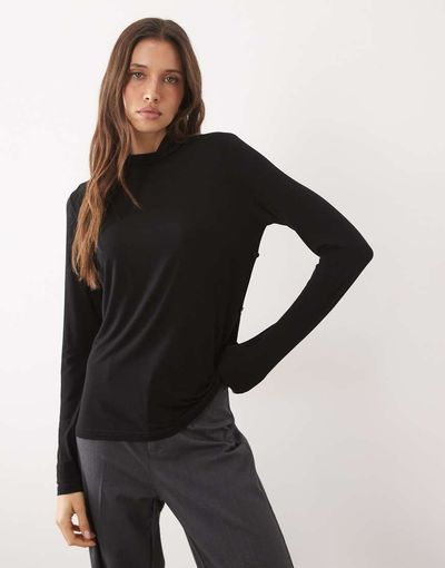 Iyal IYAL bamboo long sleeve wrap cape detail top in black