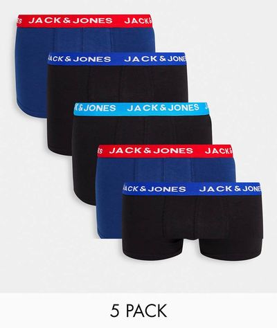 Jack & Jones Jack & Jones 5 pack trunks with contrast waistband in black and blue-Multi