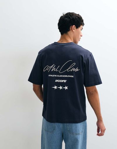 Jack & Jones Jack & Jones athletic club cursive back print t-shirt in petrol blue