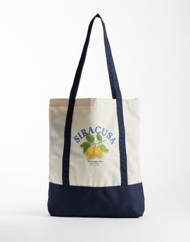 Jack & Jones Jack & Jones canvas tote bag with lemon print in beige & blue-Neutral