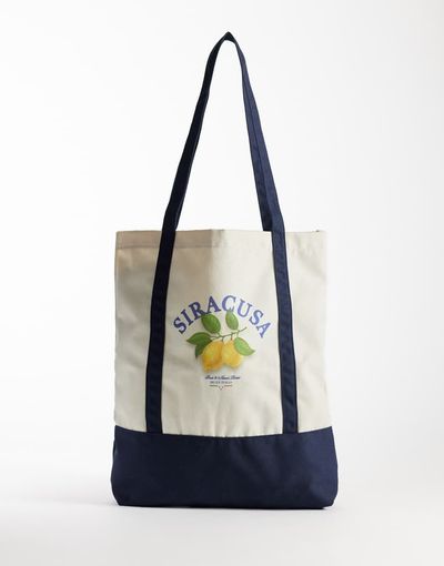 Jack & Jones Jack & Jones canvas tote bag with lemon print in beige & blue-Neutral