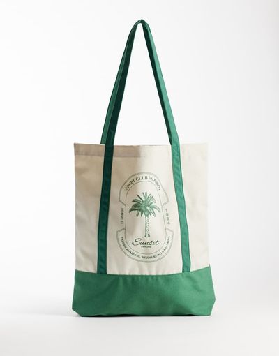 Jack & Jones Jack & Jones canvas tote bag with palm tree print in beige & green-Neutral