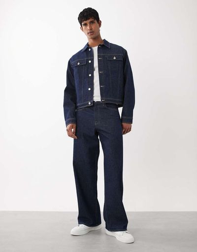 Jack & Jones Jack & Jones Dave wide fit jeans in striped dark wash - part of a set-Blue