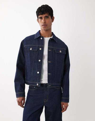 Jack & Jones Jack & Jones denim jacket in striped dark wash - part of a set-Blue