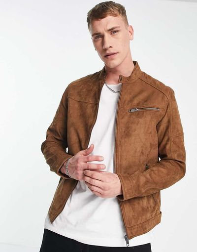 Jack & Jones Jack & Jones Essentials biker jacket in faux suede tan-Brown