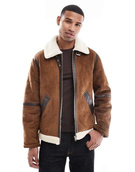 Jack & Jones Jack & Jones faux suede aviator jacket in tan-Brown