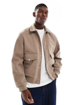 Jack & Jones Jack & Jones faux wool bomber jacket with collar in beige-Neutral