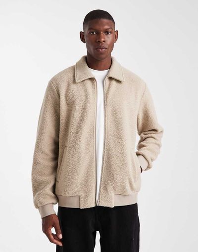 Jack & Jones Jack & Jones fleece jacket with zip in beige-Neutral